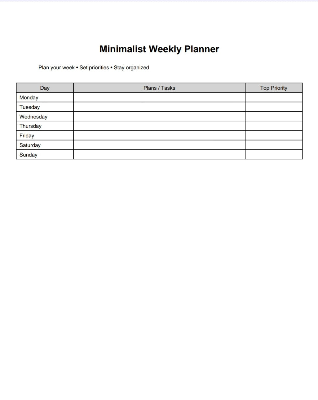 Minimalist weekly planner printable